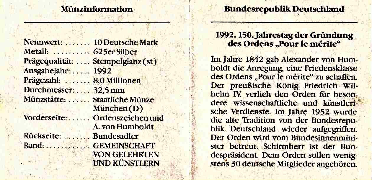 10 DM 1992 Pour le Mérite Zertifikat