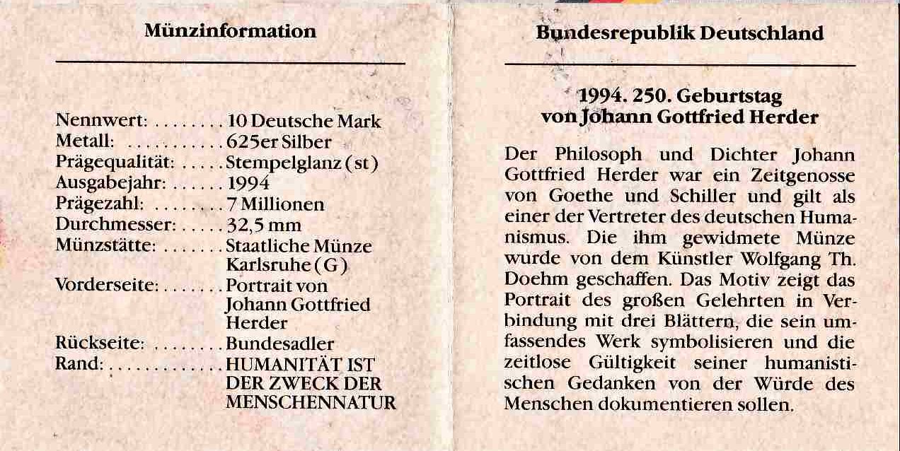 10 DM 1994 J.G.Herder Zertifikaz