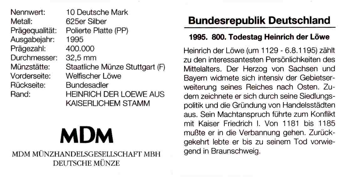 10 DM 1995 Heinrich der Löwen1 pp
