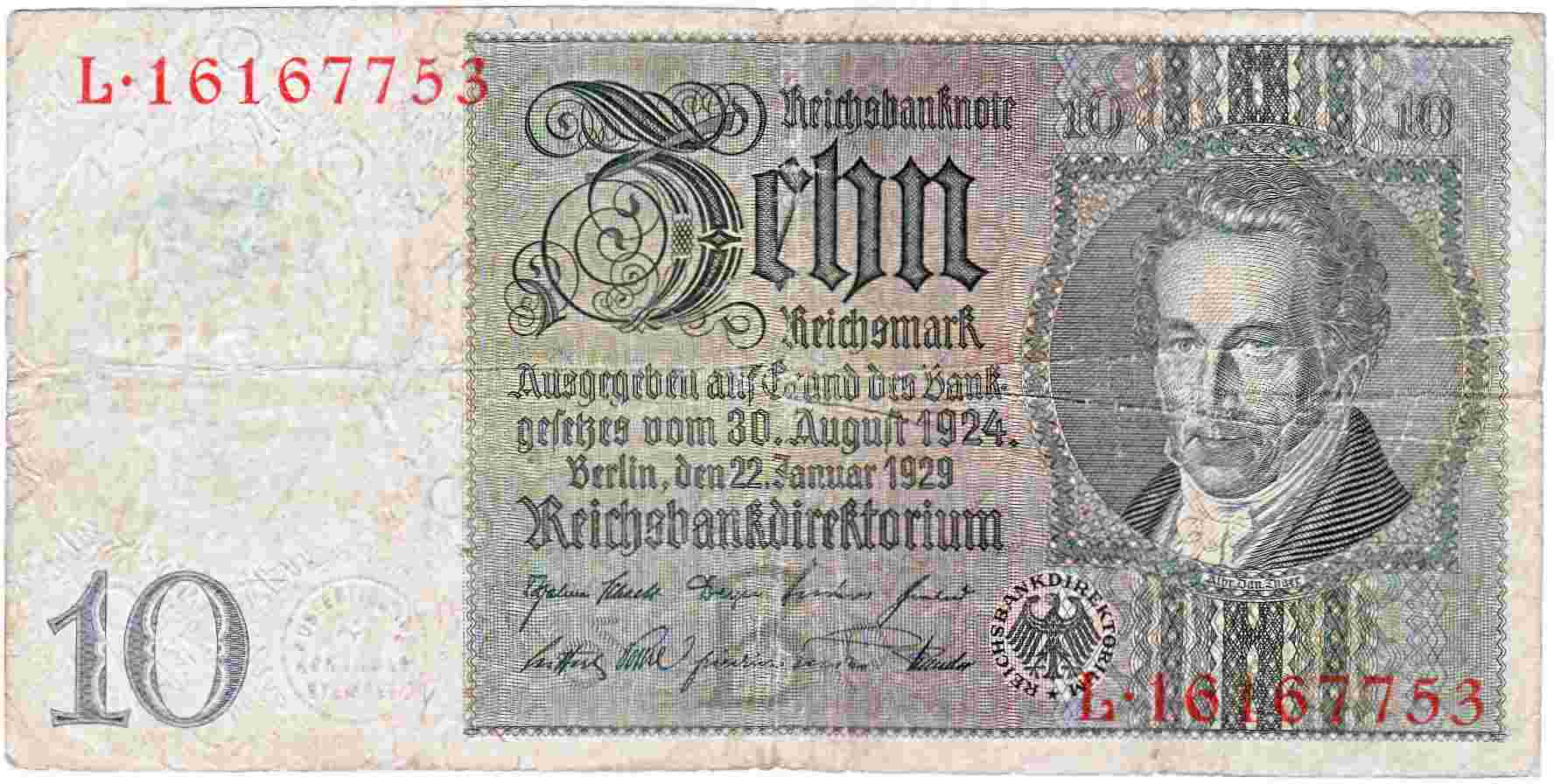 10 Reichsmark Reichsbanknote 1929 F