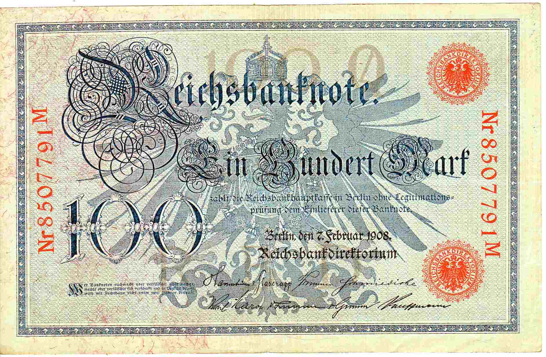 100 Mark Reichsbanknote 1908 rotes Siegel R