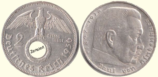 2 Reichsmark Deutsches Reich 1936 Paul von Hindenburg G