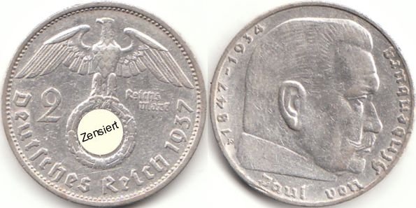 2 Reichsmark Deutsches Reich 1937 Paul von Hindenburg F