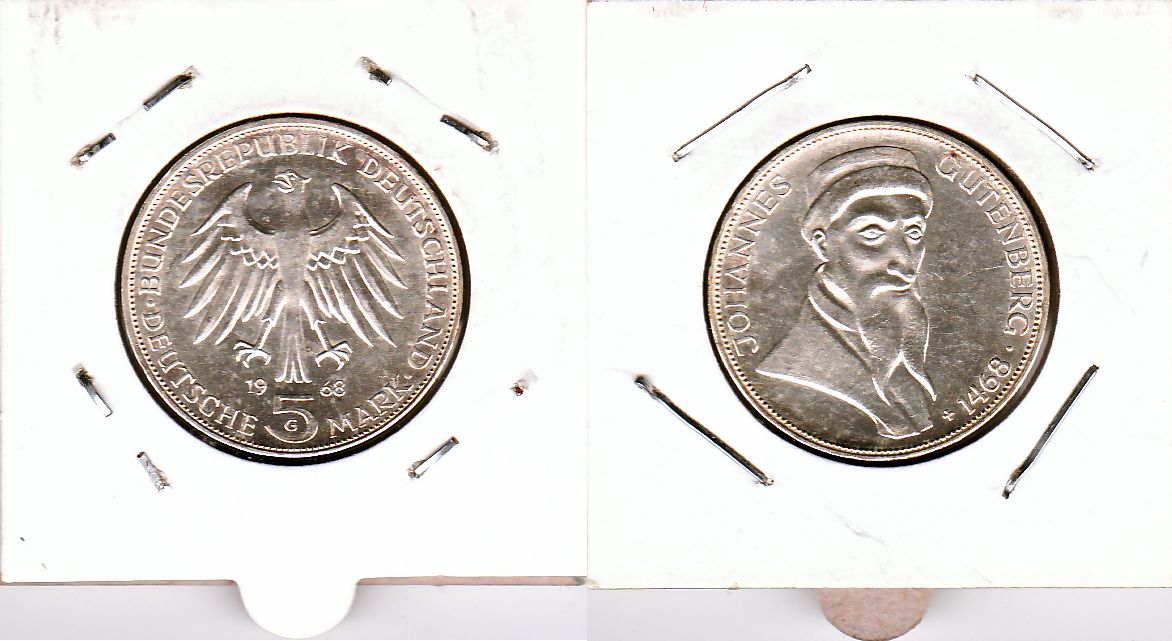 5 DM Gedenkmünze 1968 G 500. Todestag Johannes Gutenberg ST