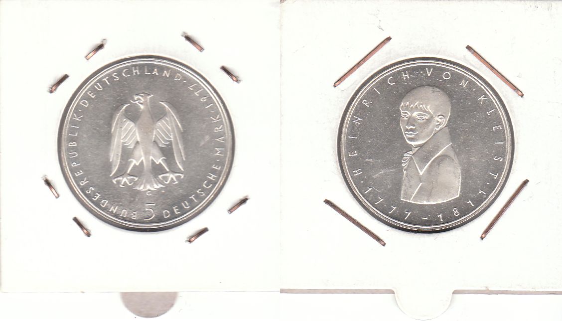 5 DM Gedenkmünze 1977 G 200. Geburtstag Heinrich von Kleist ST