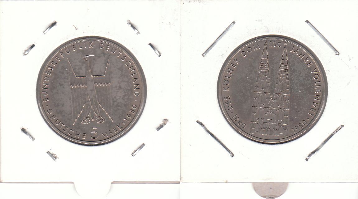 5 DM Gedenkmünze 1980 F 100 Jahre Vollendung des Kölner Doms ST