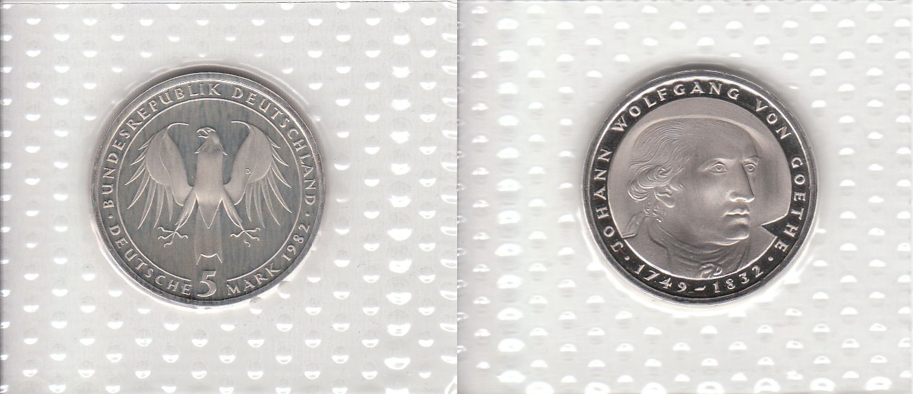 5 DM Gedenkmünze 1982 J 150. Todestag von Johann Wolfgang von Goethe PP