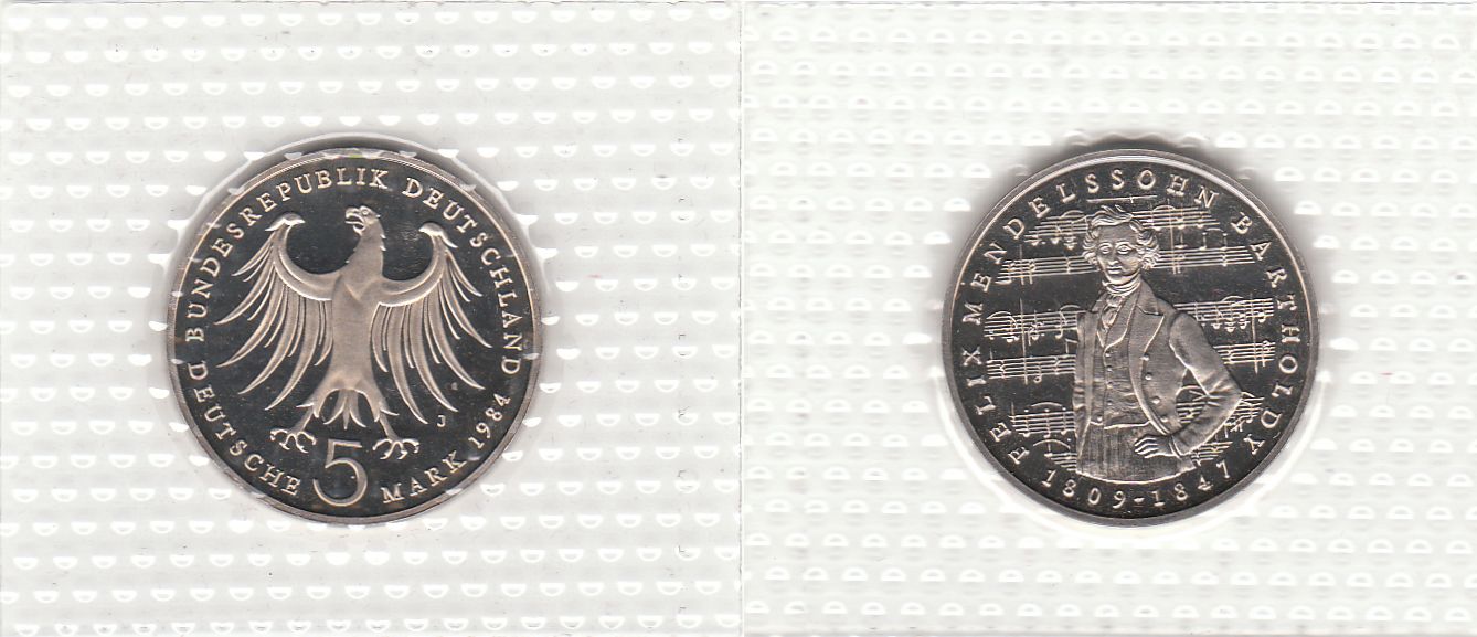 5 DM Gedenkmünze 1984 J 175. Geburtstag von Felix Mendelssohn Bartholdy PP