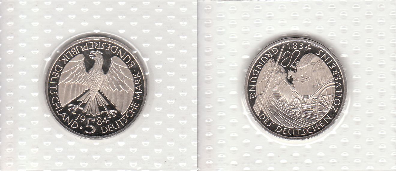 5 DM Gedenkmünze 1984 D 150. Jahrestag der Gründung des Deutschen Zollvereins PP