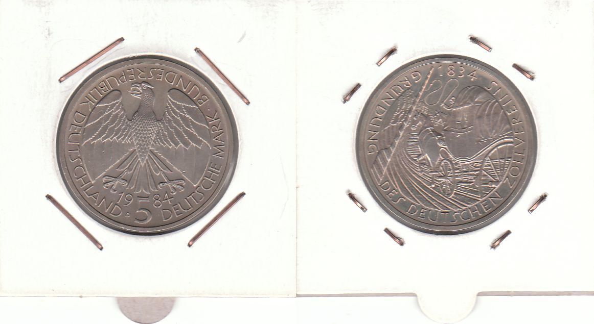 5 DM Gedenkmünze 1985 D 150 Jahre Gründung des Deutschen Zollvereins ST