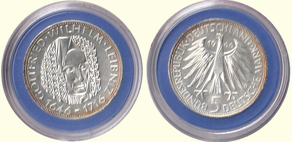 5 DM Gedenkmünze 1966 D 250. Todestag Gottfried Wilhelm Leibniz ST