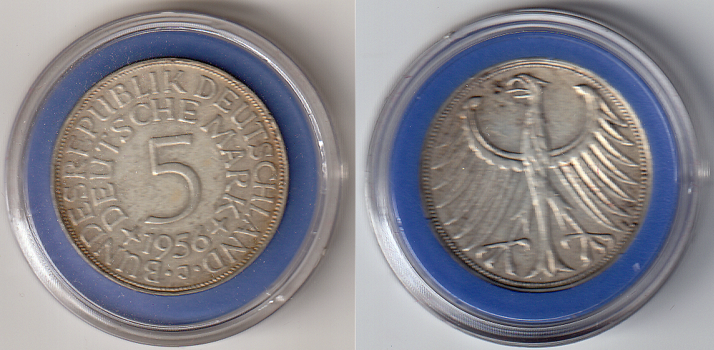 5 DM Silber-Umlaufmünze 1956 J VZ-ST