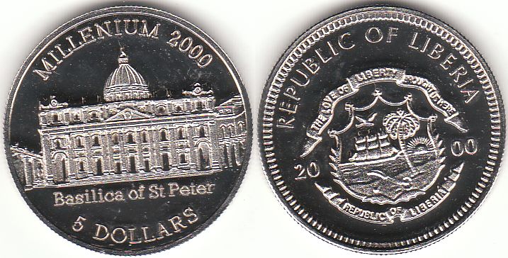 5 Dollars Liberia 2000 – Millennium 2000 – Petersdom –Basilica of St. Peter