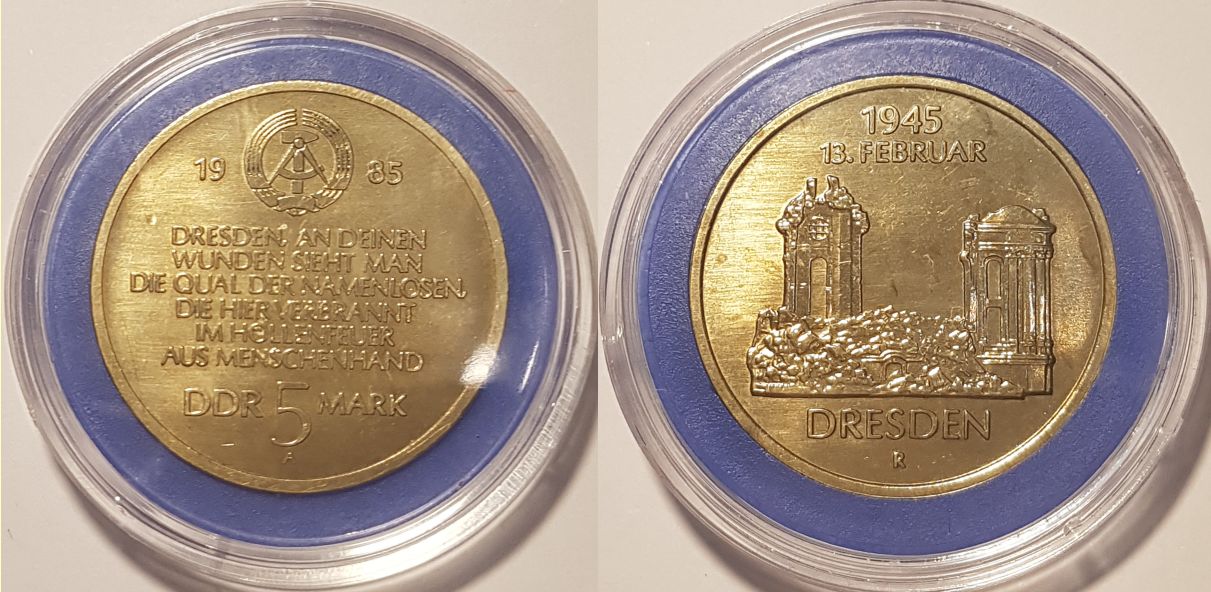 5 Mark DDR Gedenkmünze 1985 A 40. Jahrestag der Zerstörung Dresdens ST