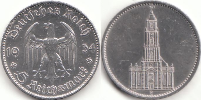 5 Reichsmark Deutsches Reich 1934 Garnisonkirche Potsdam E