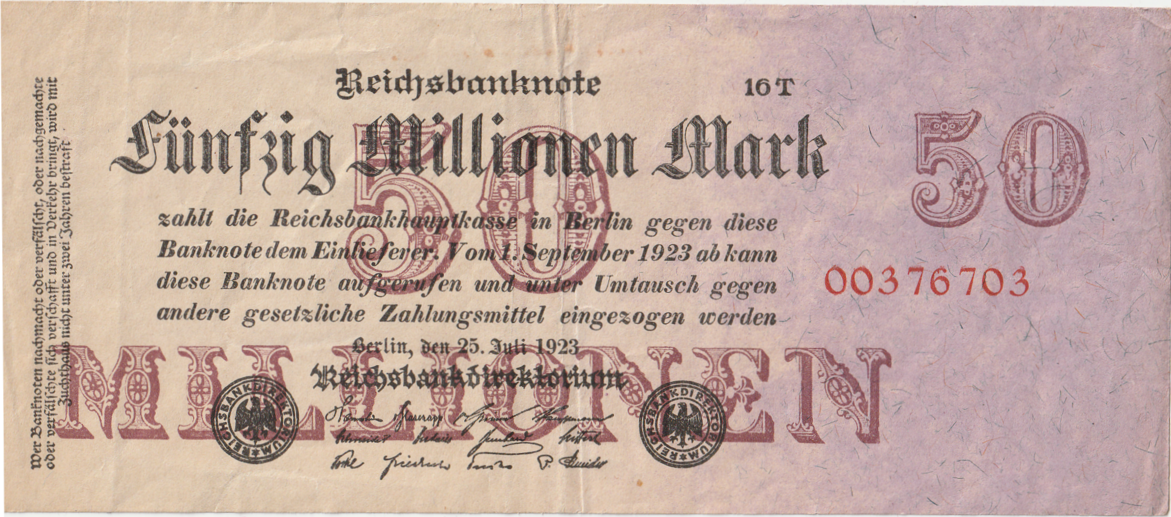 50 Millionen Mark Reichsbanknote 1923 F